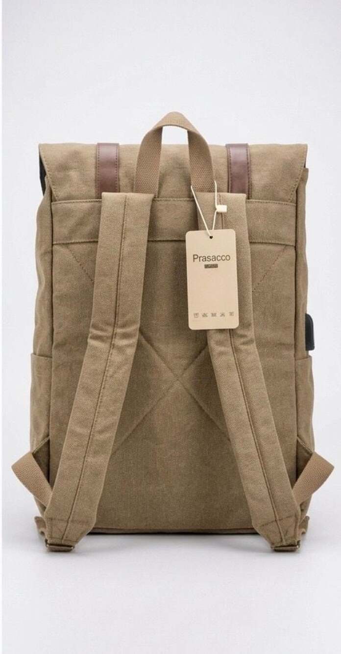 Prasacco Vintage Khaki Canvas Laptop Backpack w/External USB port for charging - Picture 4 of 4